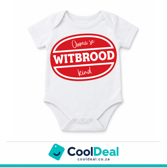 Ouma se Witbrood Kind funny baby onesie – white cotton babygrow by CoolDeal South Africa