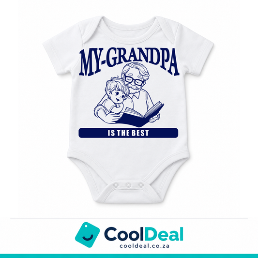 My Grandpa Is The Best funny baby onesie – white cotton babygrow by CoolDeal South Africa