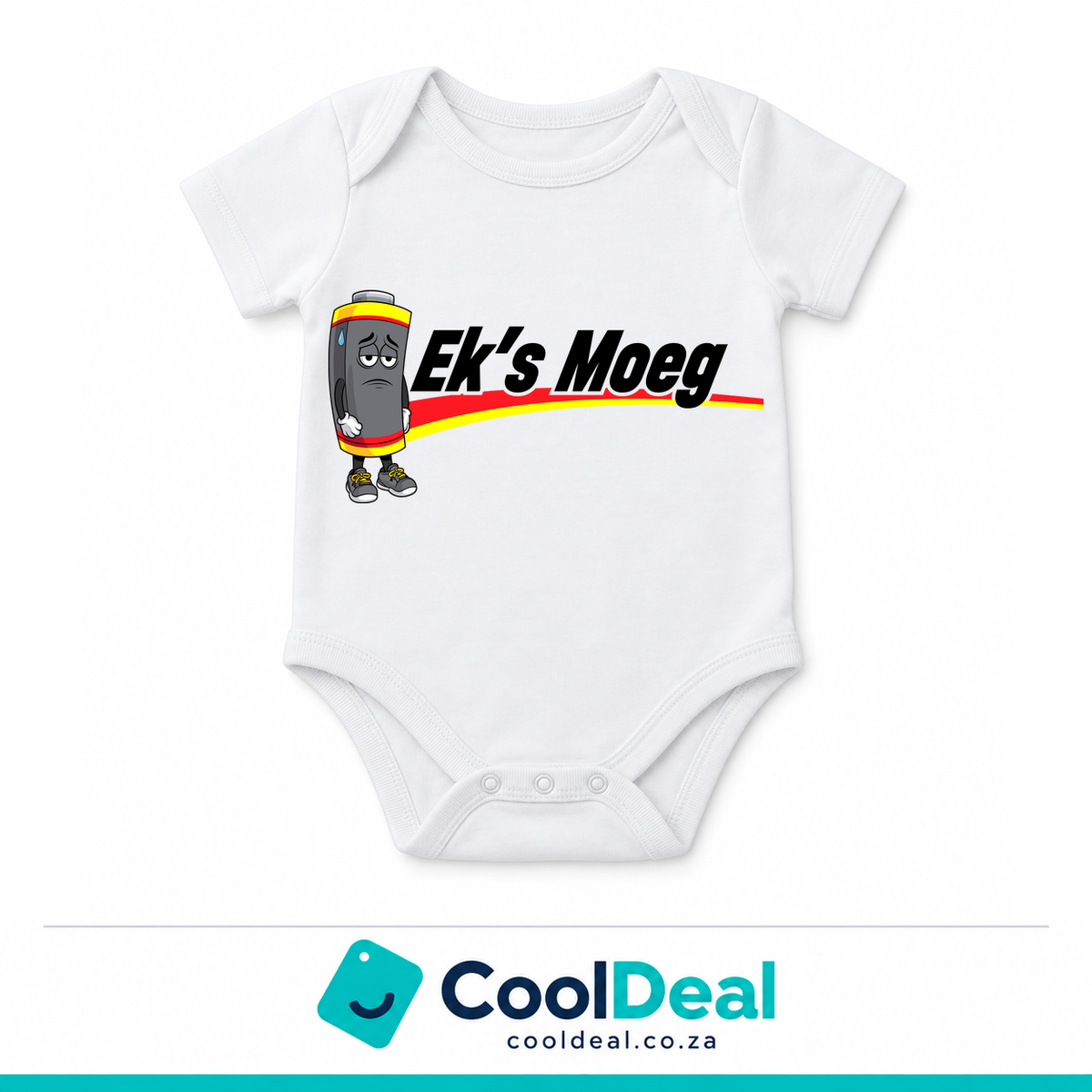Ek's Moeg funny baby onesie – white cotton babygrow by CoolDeal South Africa