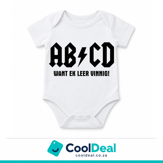 AB⚡CD funny baby onesie – white cotton babygrow by CoolDeal South Africa