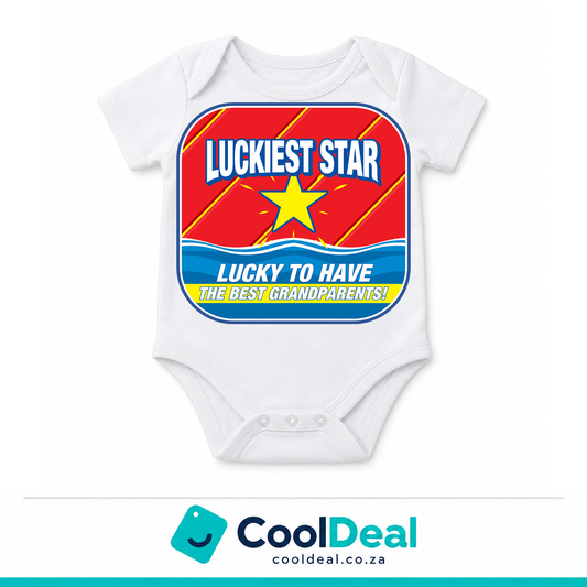 Luckiest Star funny baby onesie – white cotton babygrow by CoolDeal South Africa
