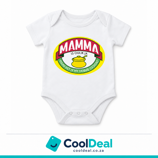 Mamma Is Oulik Ja funny baby onesie – white cotton babygrow by CoolDeal South Africa