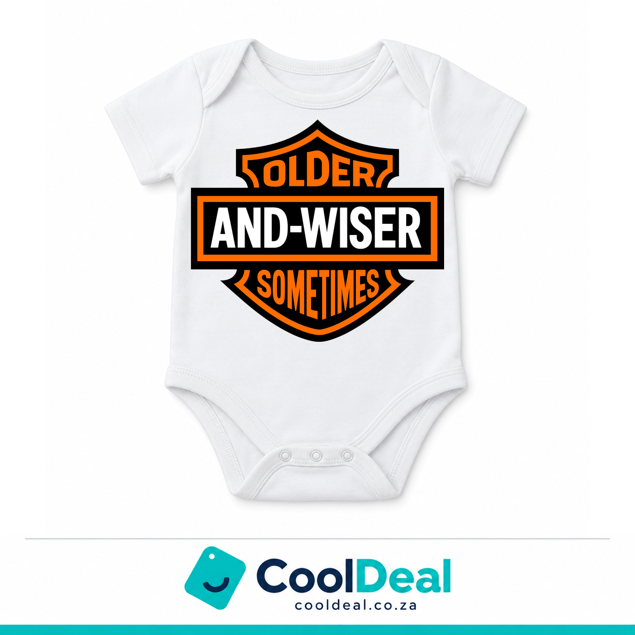 Older and Wiser funny baby onesie – white cotton babygrow by CoolDeal South Africa