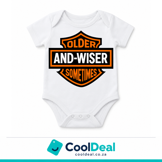 Older and Wiser funny baby onesie – white cotton babygrow by CoolDeal South Africa
