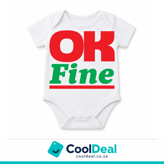 OK Fine funny baby onesie – white cotton babygrow by CoolDeal South Africa