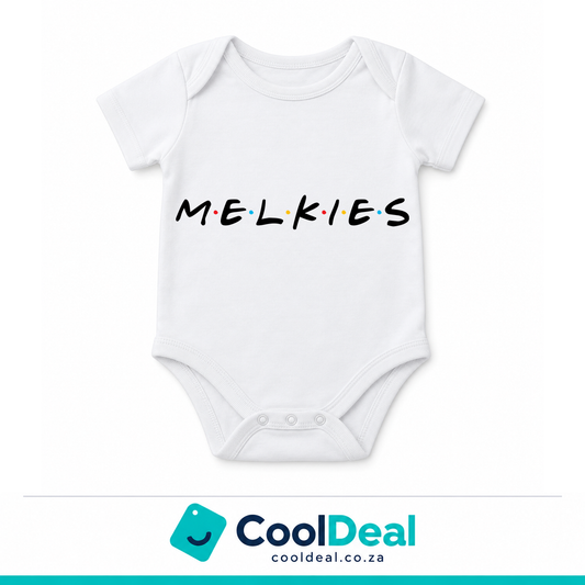 Melkies funny baby onesie – white cotton babygrow by CoolDeal South Africa