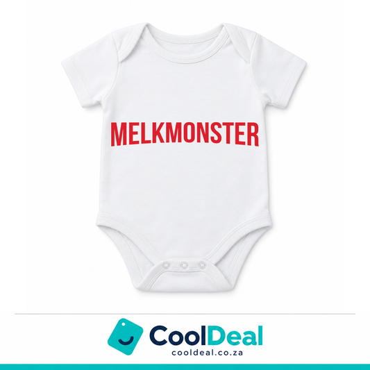 Melkmonster funny baby onesie – white cotton babygrow by CoolDeal South Africa