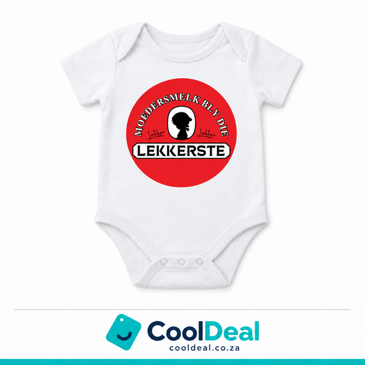 Moedersmelk Bly Die Lekkerste funny baby onesie – white cotton babygrow by CoolDeal South Africa