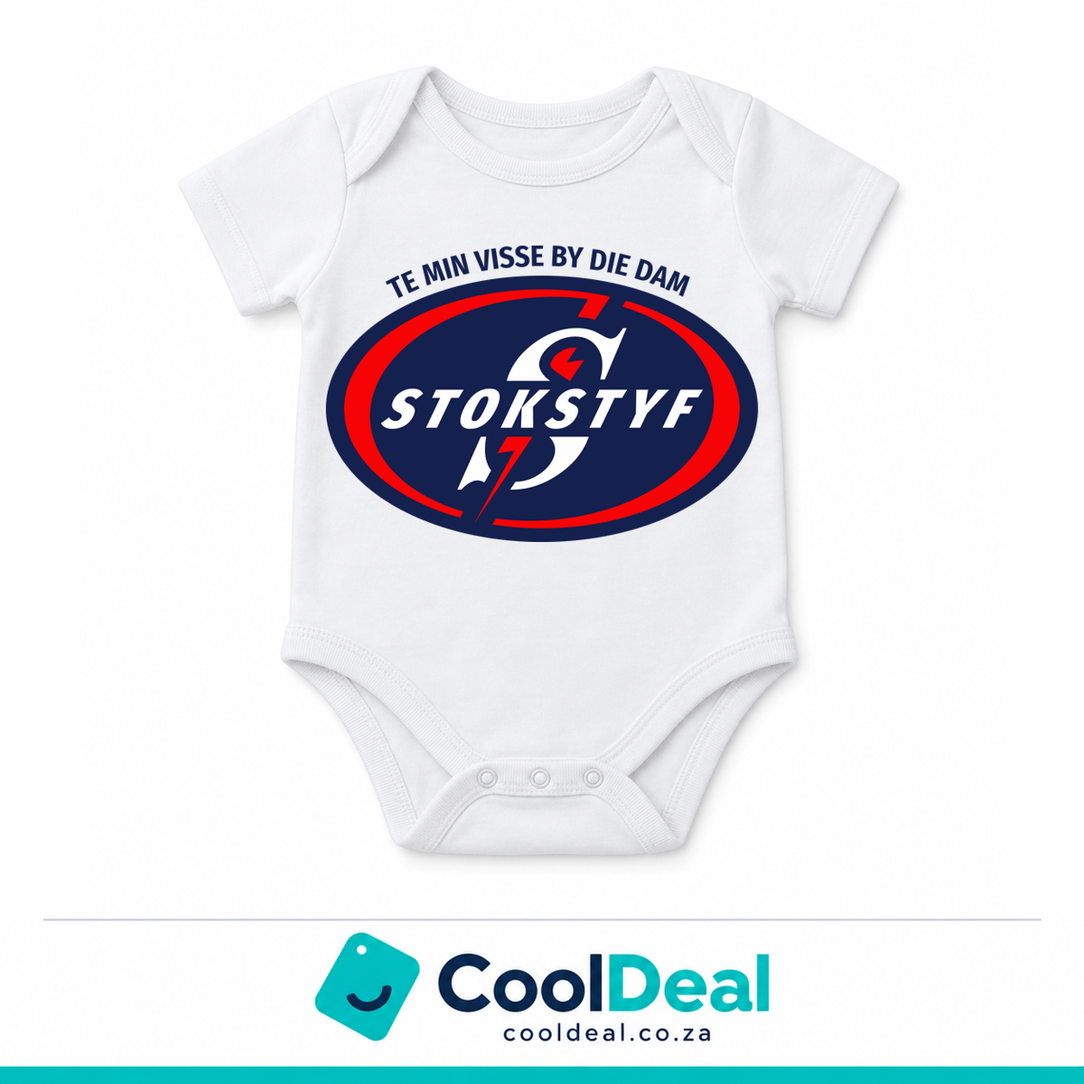 Stokstyf funny baby onesie – white cotton babygrow by CoolDeal South Africa