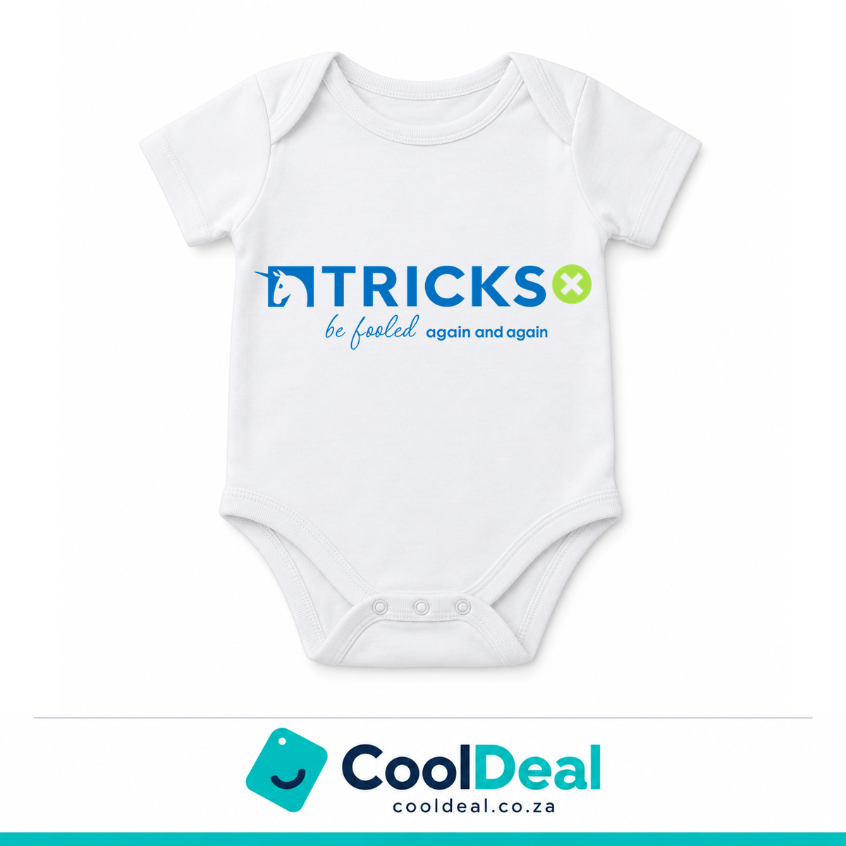 Tricks funny baby onesie – white cotton babygrow by CoolDeal South Africa