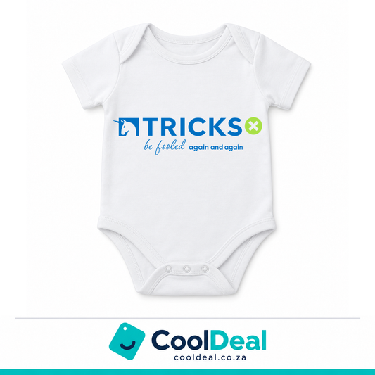 Tricks funny baby onesie – white cotton babygrow by CoolDeal South Africa