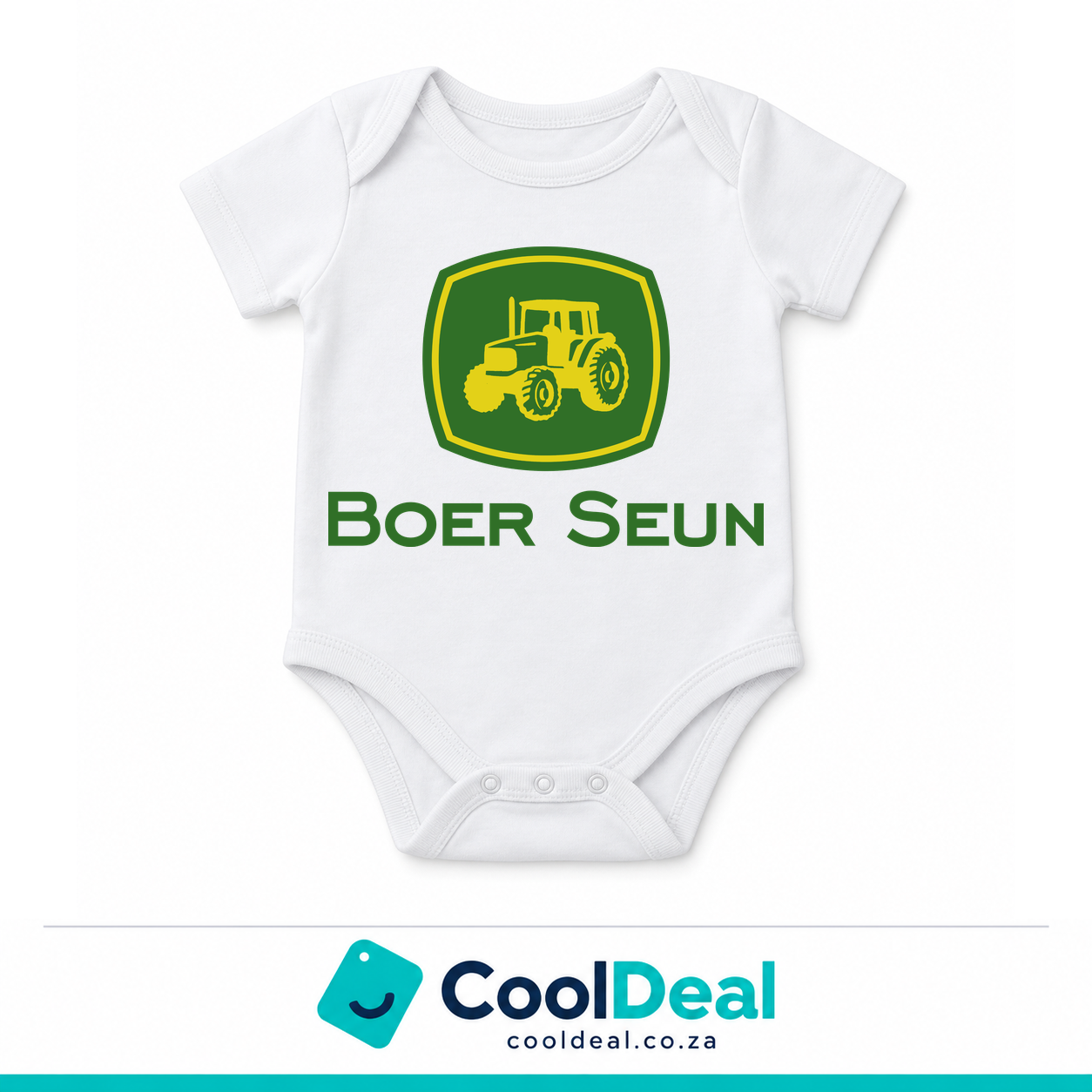 Boer Seun funny baby onesie – white cotton babygrow by CoolDeal South Africa