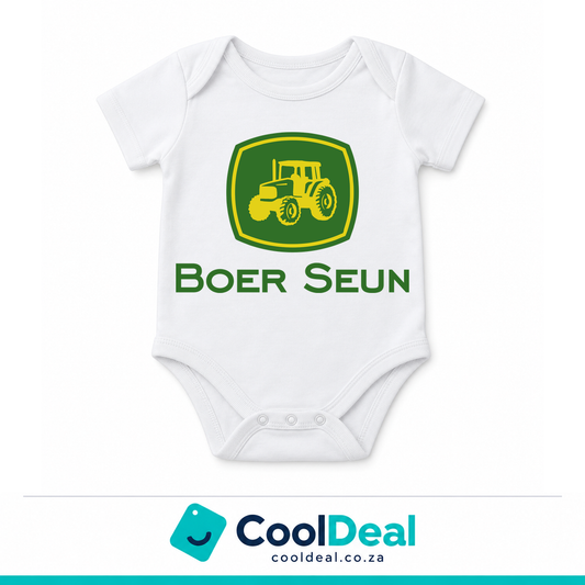 Boer Seun funny baby onesie – white cotton babygrow by CoolDeal South Africa