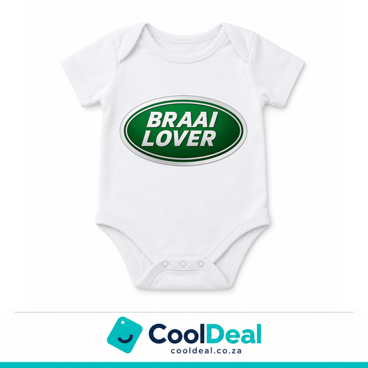 Braai Lover funny baby onesie – white cotton babygrow by CoolDeal South Africa