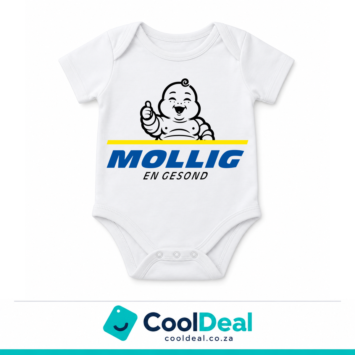 Mollig en Gesond funny baby onesie – white cotton babygrow by CoolDeal South Africa