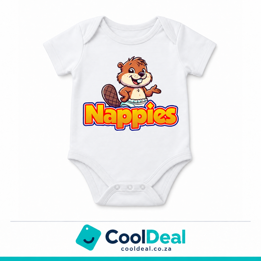 Nappies funny baby onesie – white cotton babygrow by CoolDeal South Africa