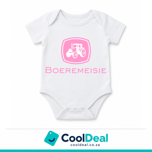 Boeremeisie funny baby onesie – white cotton babygrow by CoolDeal South Africa