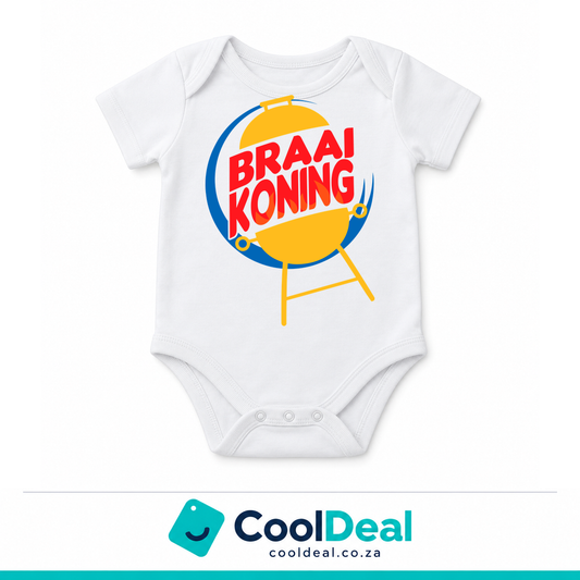 Braai Koning funny baby onesie – white cotton babygrow by CoolDeal South Africa