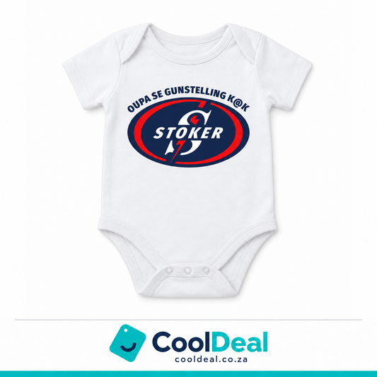 Stoker funny baby onesie – white cotton babygrow by CoolDeal South Africa