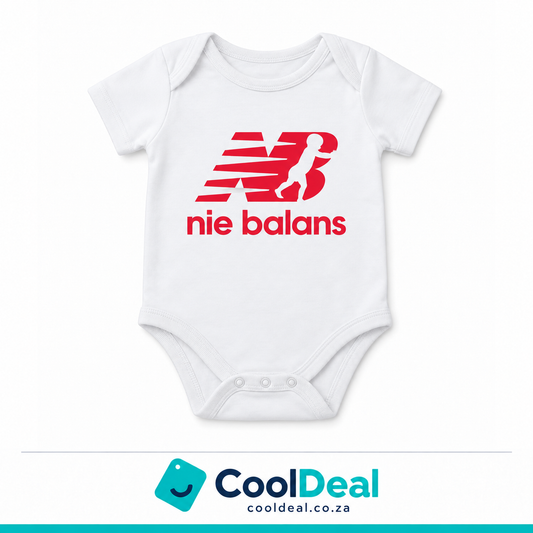 Nie Balans funny baby onesie – white cotton babygrow by CoolDeal South Africa