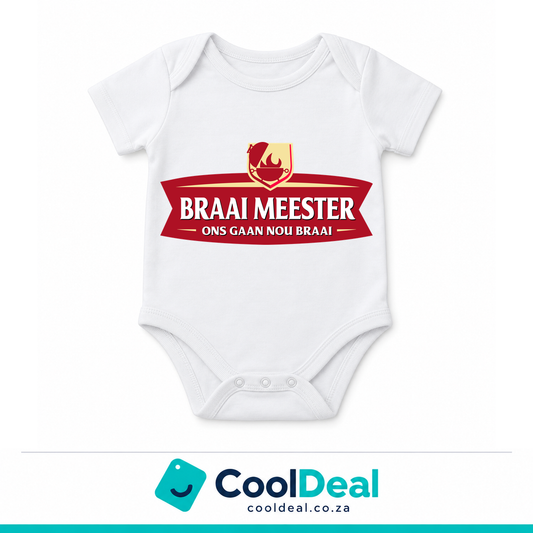 Braai Meester funny baby onesie – white cotton babygrow by CoolDeal South Africa