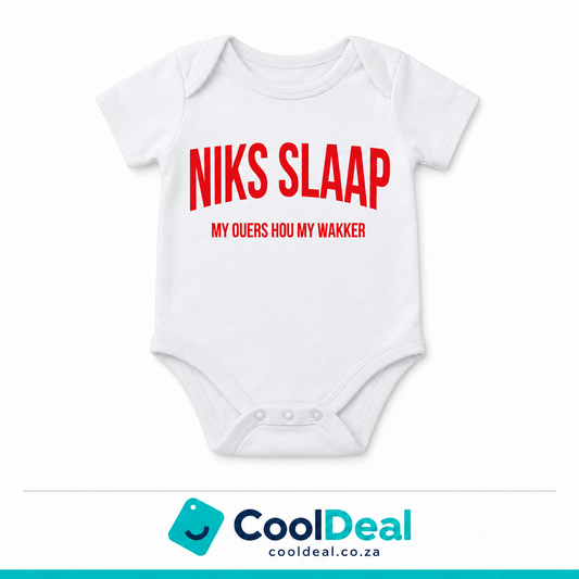 Niks Slaap funny baby onesie – white cotton babygrow by CoolDeal South Africa