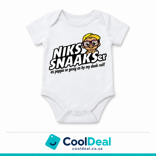 Niks Snaakser funny baby onesie – white cotton babygrow by CoolDeal South Africa