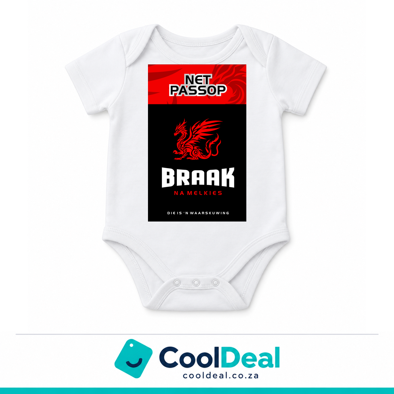 Braak — Net Passop funny baby onesie – white cotton babygrow by CoolDeal South Africa