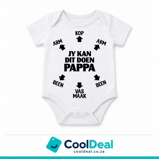 Jy Kan Dit Doen Pappa funny baby onesie – white cotton babygrow by CoolDeal South Africa