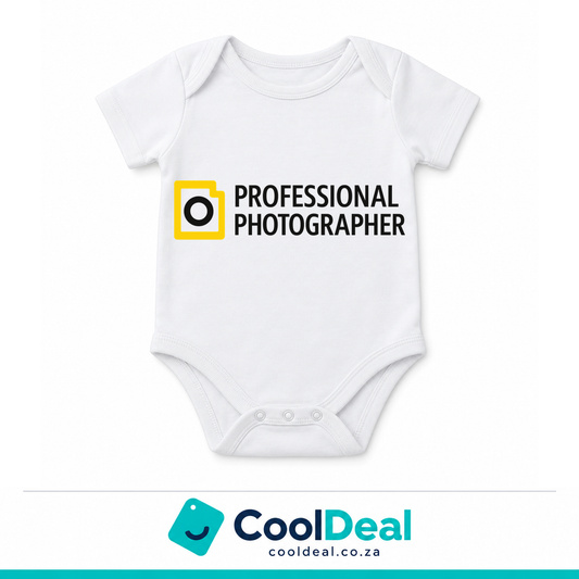 Professional Photographer funny baby onesie – white cotton babygrow by CoolDeal South Africa