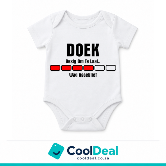 Doek Besig Om Te Laai funny baby onesie – white cotton babygrow by CoolDeal South Africa