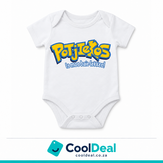 Potjiekos funny baby onesie – white cotton babygrow by CoolDeal South Africa