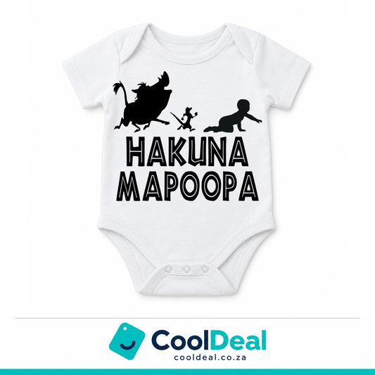 Hakuna Mapoopa funny baby onesie – white cotton babygrow by CoolDeal South Africa