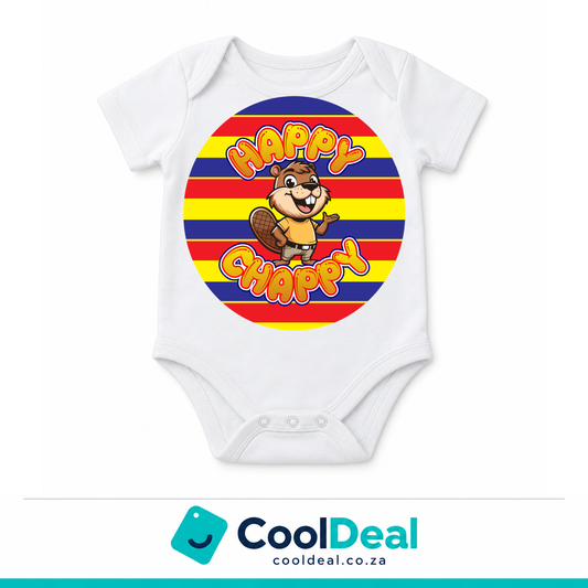 Happy Chappy funny baby onesie – white cotton babygrow by CoolDeal South Africa