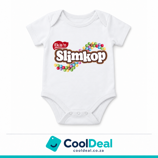 Slimkop funny baby onesie – white cotton babygrow by CoolDeal South Africa