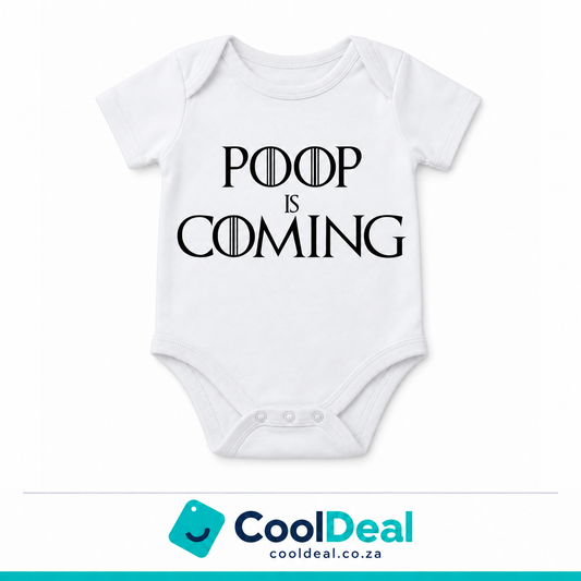 Poop Is Coming funny baby onesie – white cotton babygrow by CoolDeal South Africa