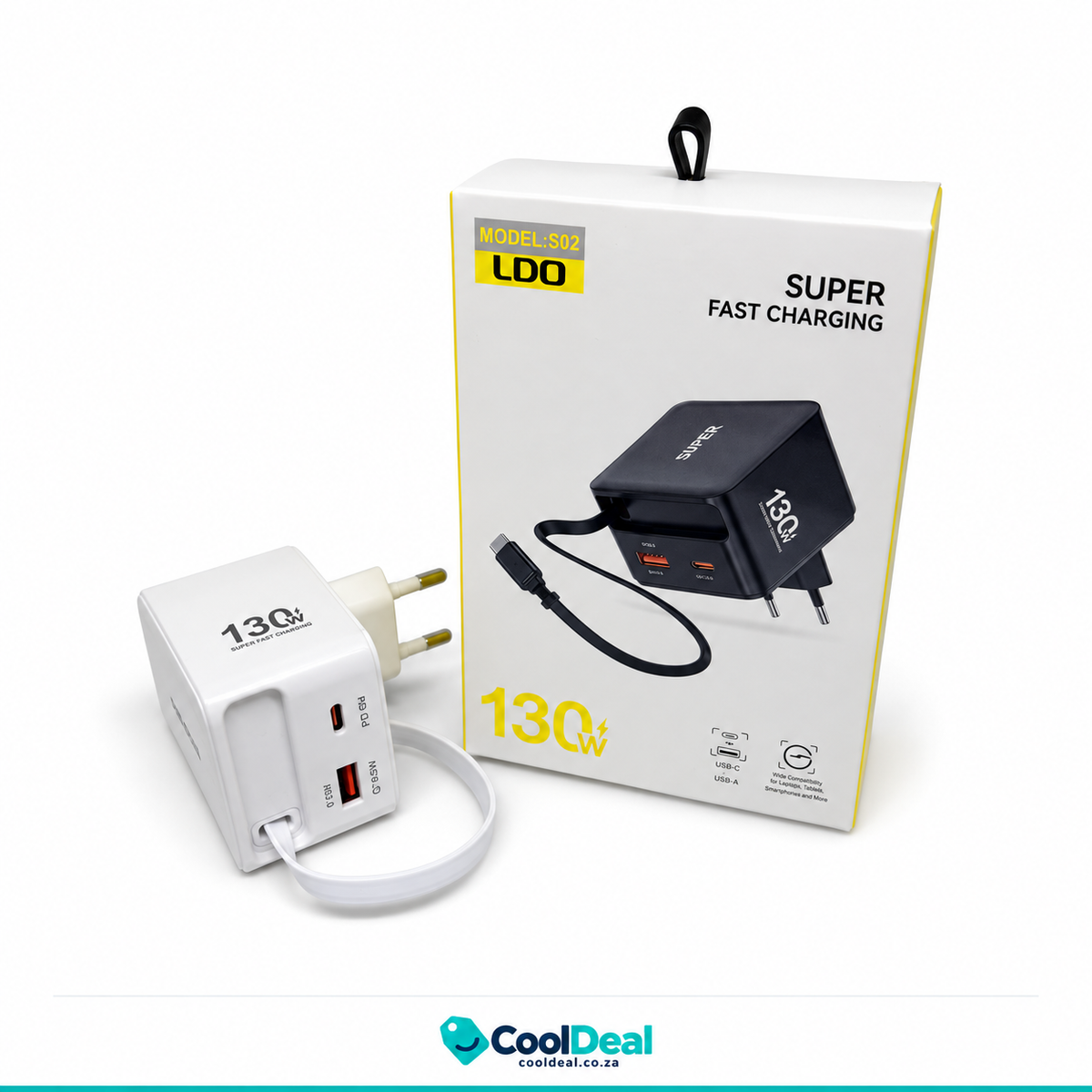 LDO S02 130W Super Fast Charger – USB-C PD + USB-A with Built-in Cable | Laptop, Tablet & Phone