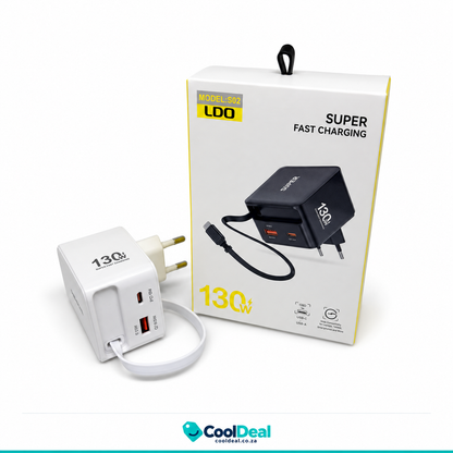 LDO S02 130W Super Fast Charger – USB-C PD + USB-A with Built-in Cable | Laptop, Tablet & Phone