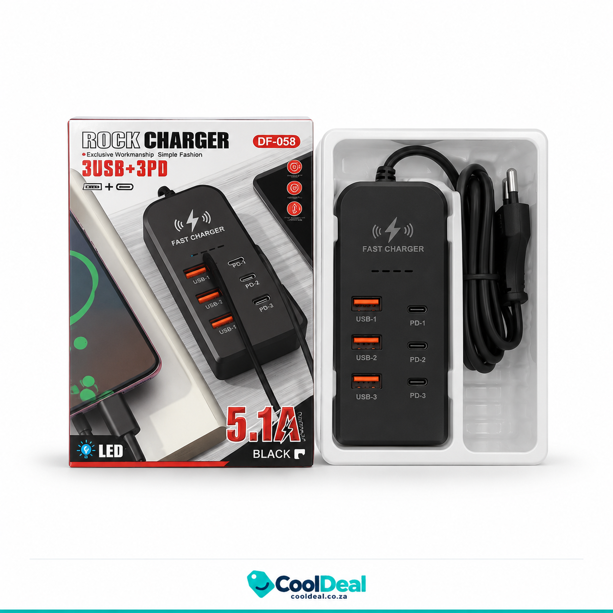 6-Port Fast Charging Station – 3 USB-A + 3 USB-C PD, 5.1A | Rock Charger DF-058